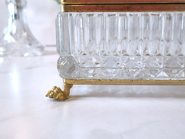 Vintage Jewelry Casket Footed Box Heavy Crystal Glass Hinged Lid