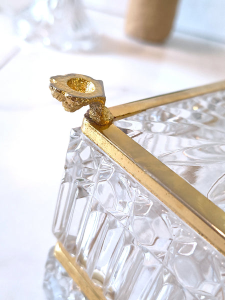 Vintage Jewelry Casket Footed Box Heavy Crystal Glass Hinged Lid