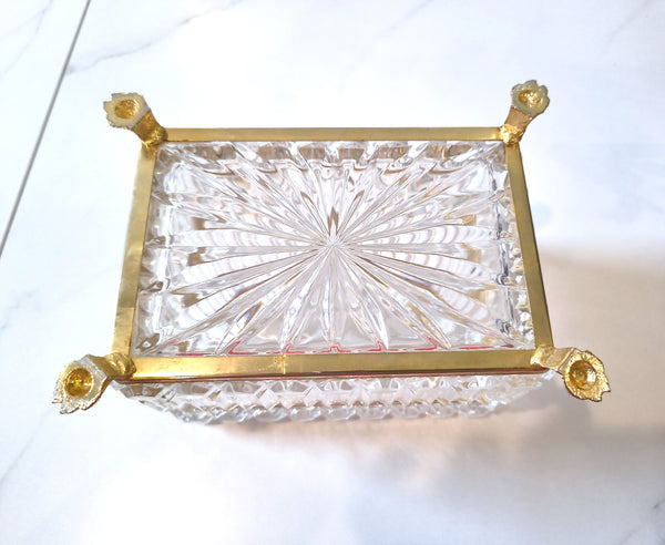 Vintage Jewelry Casket Footed Box Heavy Crystal Glass Hinged Lid
