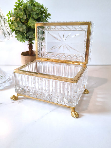 Vintage Jewelry Casket Footed Box Heavy Crystal Glass Hinged Lid