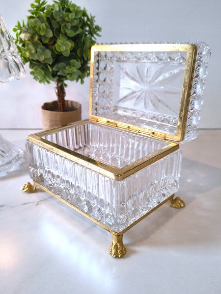 Vintage Jewelry Casket Footed Box Heavy Crystal Glass Hinged Lid