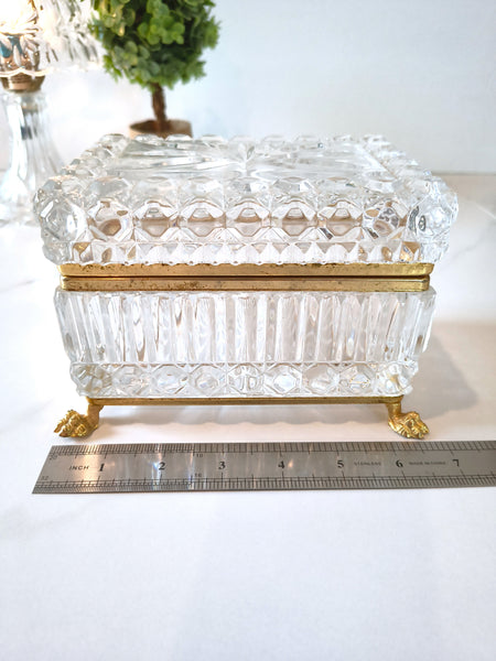 Vintage Jewelry Casket Footed Box Heavy Crystal Glass Hinged Lid