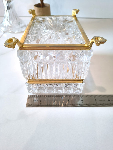 Vintage Jewelry Casket Footed Box Heavy Crystal Glass Hinged Lid