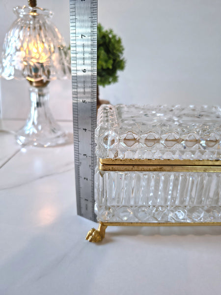 Vintage Jewelry Casket Footed Box Heavy Crystal Glass Hinged Lid