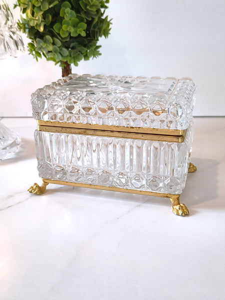 Vintage Jewelry Casket Footed Box Heavy Crystal Glass Hinged Lid