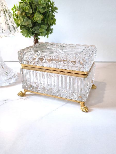 Vintage Jewelry Casket Footed Box Heavy Crystal Glass Hinged Lid