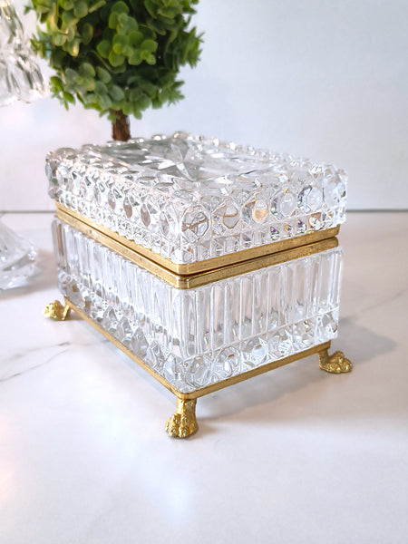 Vintage Jewelry Casket Footed Box Heavy Crystal Glass Hinged Lid