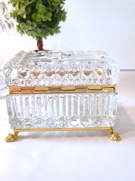Vintage Jewelry Casket Footed Box Heavy Crystal Glass Hinged Lid
