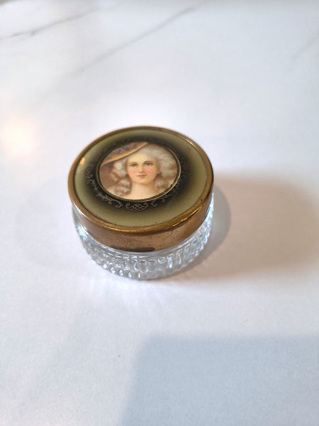 Vintage Victorian Lady Woman Portrait Brass Tone Lid w Glass Trinket Jewelry Box