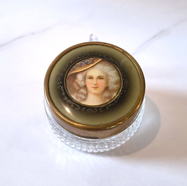 Vintage Victorian Lady Woman Portrait Brass Tone Lid w Glass Trinket Jewelry Box