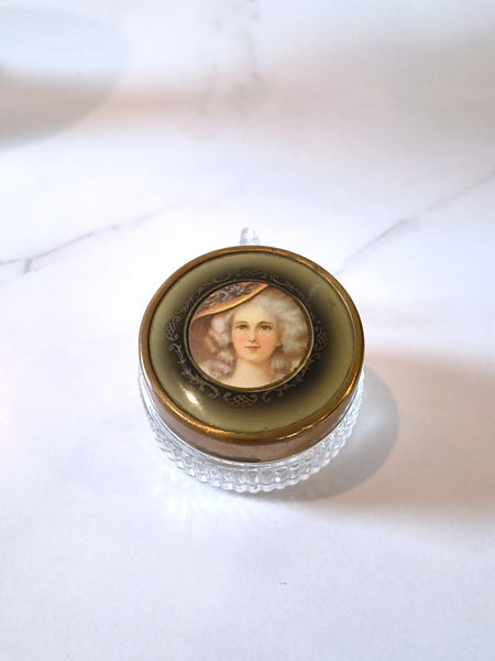 Vintage Victorian Lady Woman Portrait Brass Tone Lid w Glass Trinket Jewelry Box