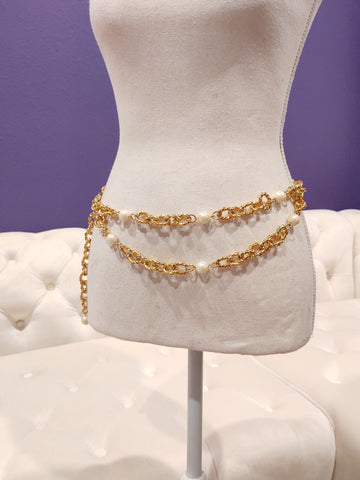 Vintage 2 Layer Belt Waist Chain Pearl Accents Gold Tone