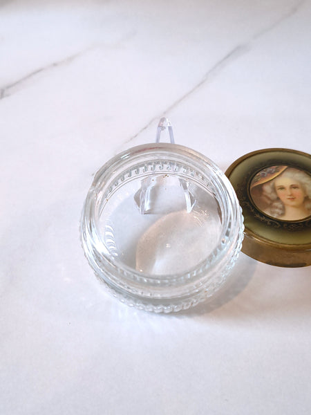 Vintage Victorian Lady Woman Portrait Brass Tone Lid w Glass Trinket Jewelry Box