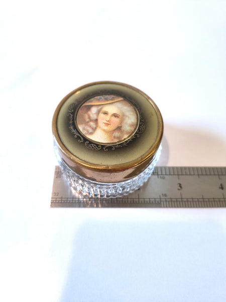 Vintage Victorian Lady Woman Portrait Brass Tone Lid w Glass Trinket Jewelry Box