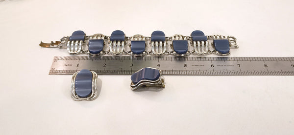 Blue Thermoset Bracelet & Earrings Set Silver Tone