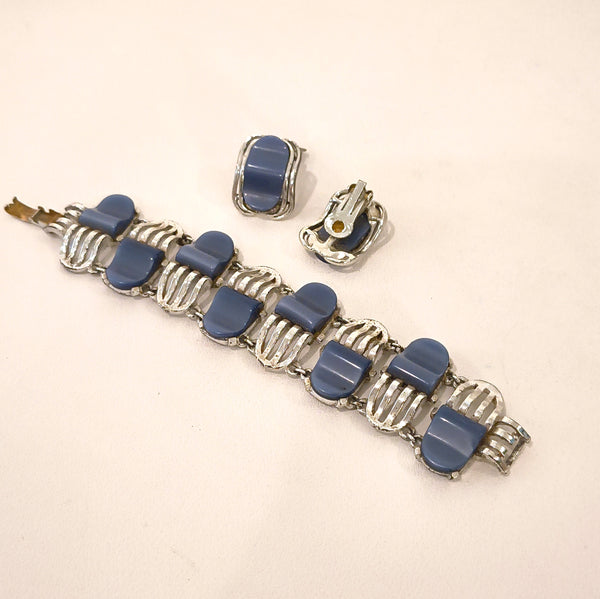 Blue Thermoset Bracelet & Earrings Set Silver Tone