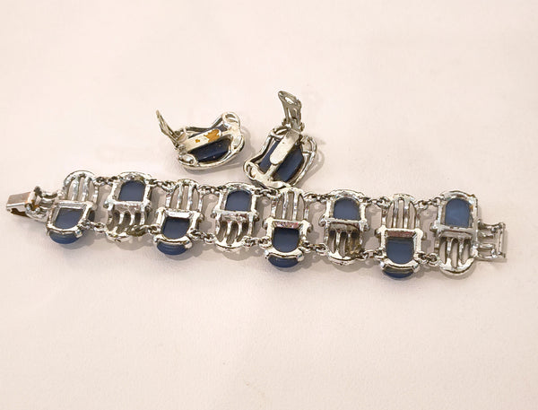 Blue Thermoset Bracelet & Earrings Set Silver Tone