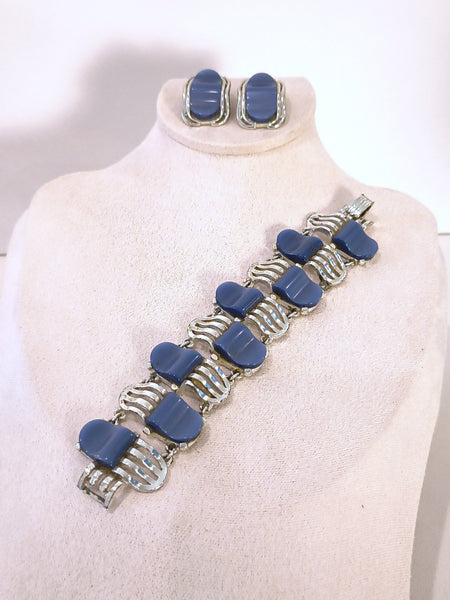 Blue Thermoset Bracelet & Earrings Set Silver Tone