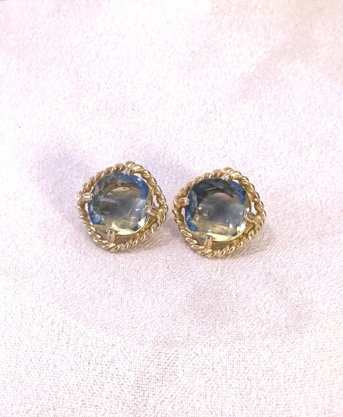 Vtg Sarah Coventry Versailles Clip-On Earrings Gold Tone Glass Crystal 1"