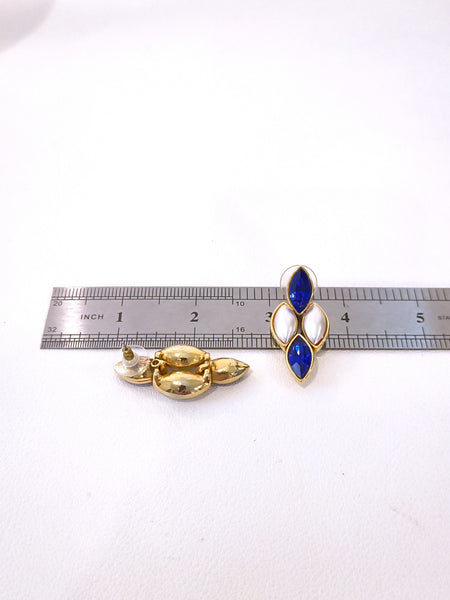 Blue & White Pierced Dangle Earrings Gold Tone – P25