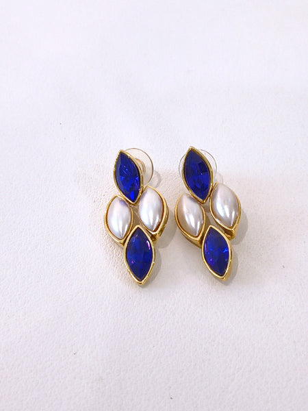 Blue & White Pierced Dangle Earrings Gold Tone – P25