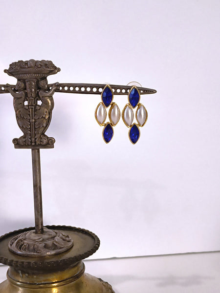 Blue & White Pierced Dangle Earrings Gold Tone – P25