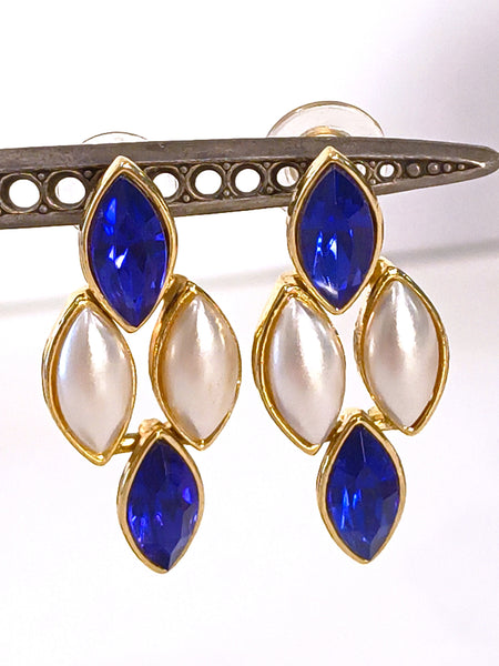 Blue & White Pierced Dangle Earrings Gold Tone – P25