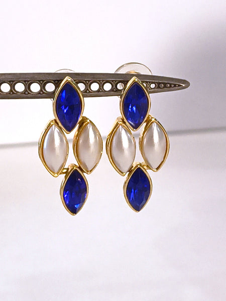 Blue & White Pierced Dangle Earrings Gold Tone – P25
