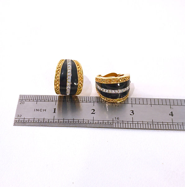 Vintage St John Black Gold & Crystal Half Hoop Clip On Earrings – P27