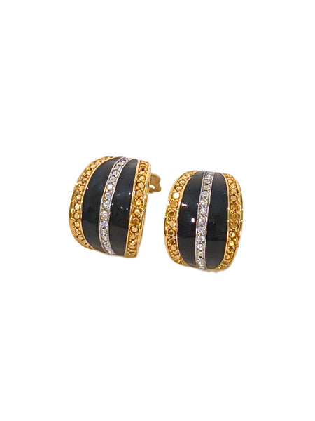 Vintage St John Black Gold & Crystal Half Hoop Clip On Earrings – P27