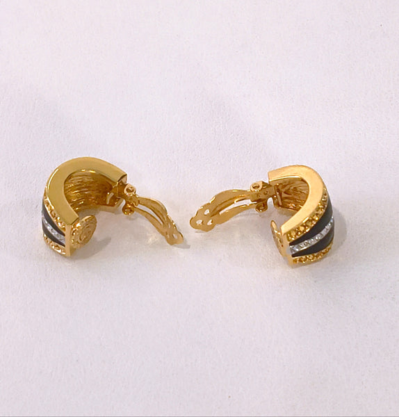 Vintage St John Black Gold & Crystal Half Hoop Clip On Earrings – P27