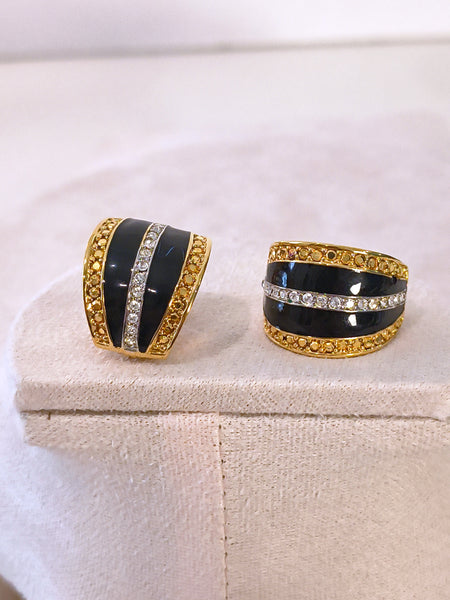 Vintage St John Black Gold & Crystal Half Hoop Clip On Earrings – P27
