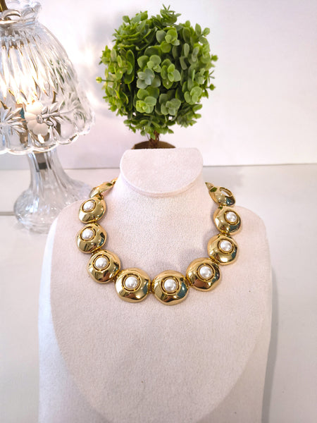Chunky Vintage 1980’s Gold Tone Faux Pearl Statement Necklace