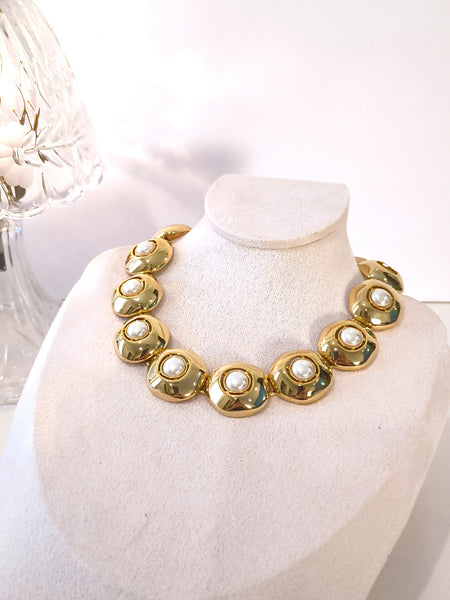 Chunky Vintage 1980’s Gold Tone Faux Pearl Statement Necklace