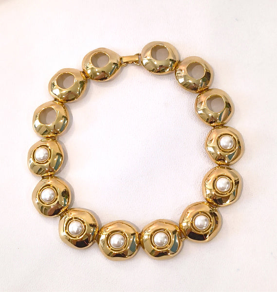 Chunky Vintage 1980’s Gold Tone Faux Pearl Statement Necklace