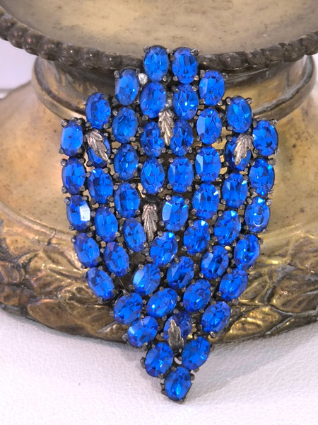 Art Deco Shield Brooch Pot Metal Open Back Blue Rhinestone Pin – P30