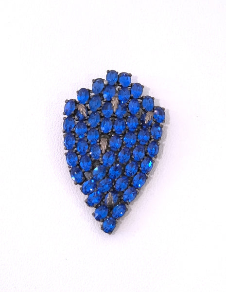 Art Deco Shield Brooch Pot Metal Open Back Blue Rhinestone Pin – P30