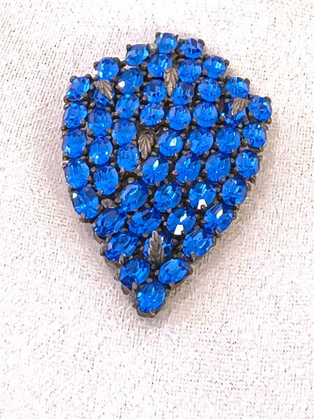 Art Deco Shield Brooch Pot Metal Open Back Blue Rhinestone Pin – P30