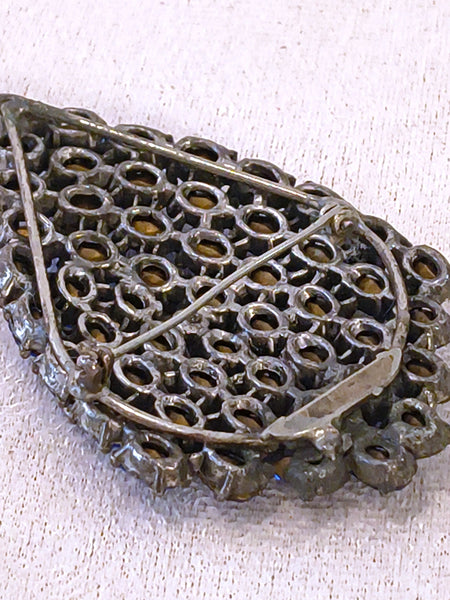Art Deco Shield Brooch Pot Metal Open Back Blue Rhinestone Pin – P30