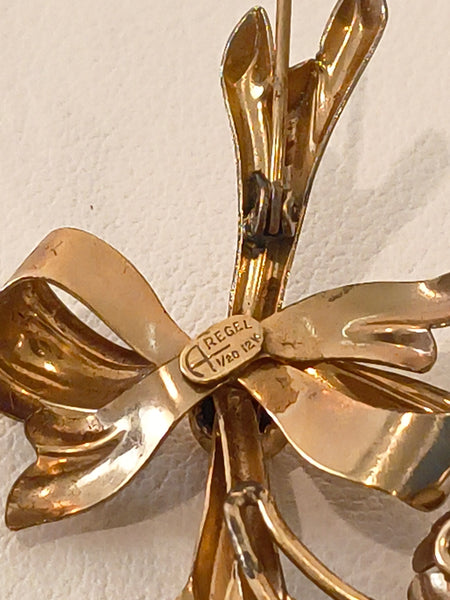 Vintage 1940’s A Regel 1/20 12K Gold Filled Floral Bow Brooch UV Glow Reactive Pin – P43