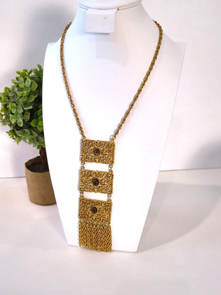 Vintage Statement 3 Panel Drop Necklace Gold Tone