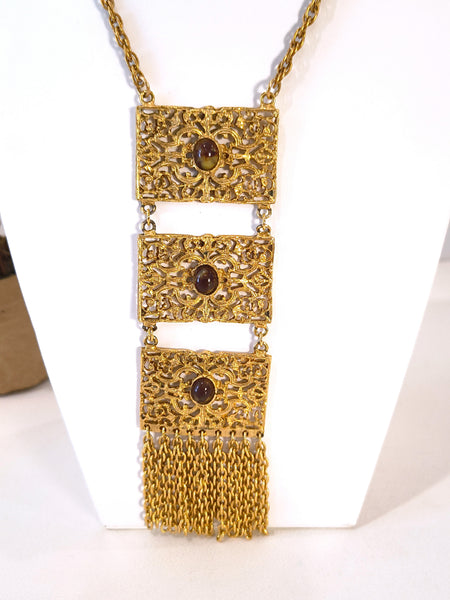 Vintage Statement 3 Panel Drop Necklace Gold Tone
