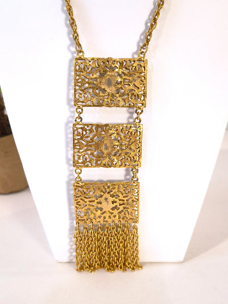 Vintage Statement 3 Panel Drop Necklace Gold Tone