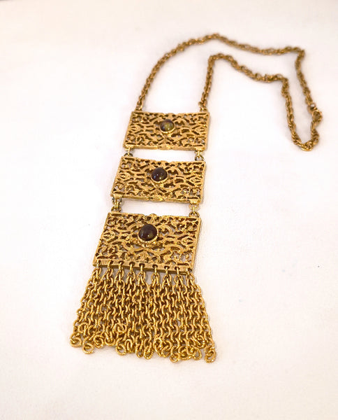 Vintage Statement 3 Panel Drop Necklace Gold Tone