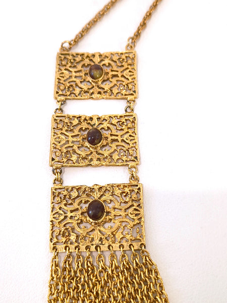 Vintage Statement 3 Panel Drop Necklace Gold Tone