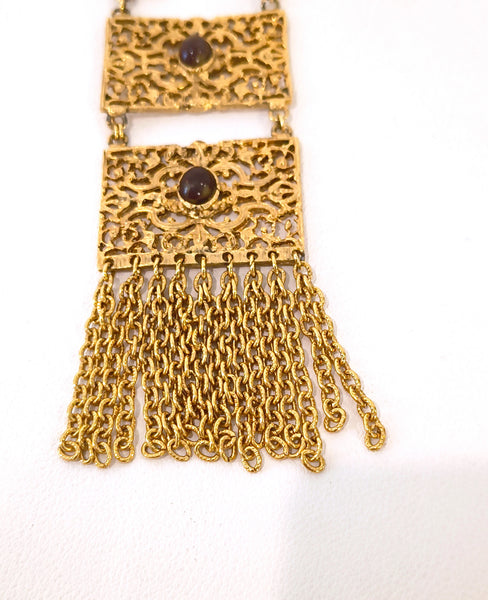 Vintage Statement 3 Panel Drop Necklace Gold Tone