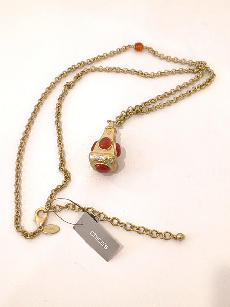 Chicos NWT Gold Tone Amulet Carnelian Pendant Necklace 36 Inch