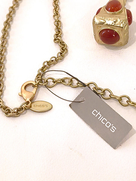 Chicos NWT Gold Tone Amulet Carnelian Pendant Necklace 36 Inch
