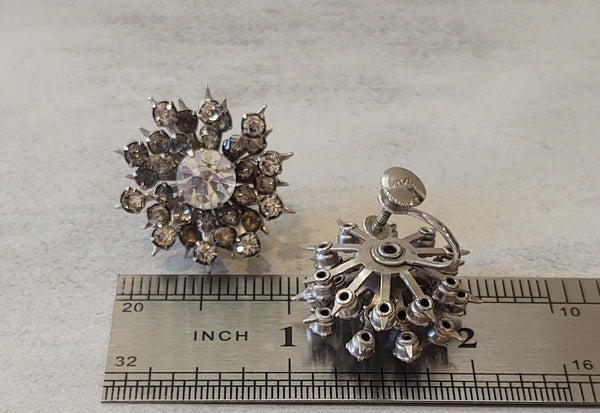 Vtg CORO Starburst Earrings Crystal Clip On Silver Tone