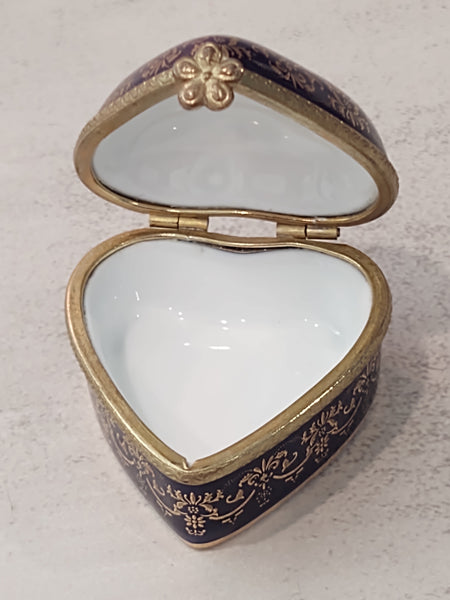 Heart Trinket Box Porcelain Jewelry Storage Blue & Gold - Lot P163